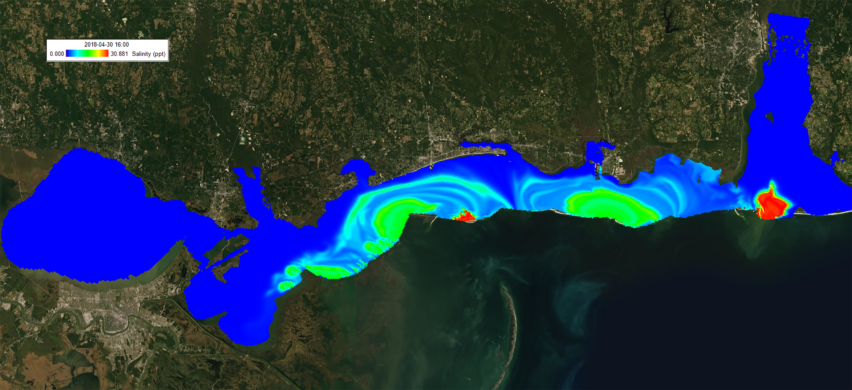 Simulated Salinity in Mobile Bay, Mississippi Sound, and Lake Pontchartrain in 2018