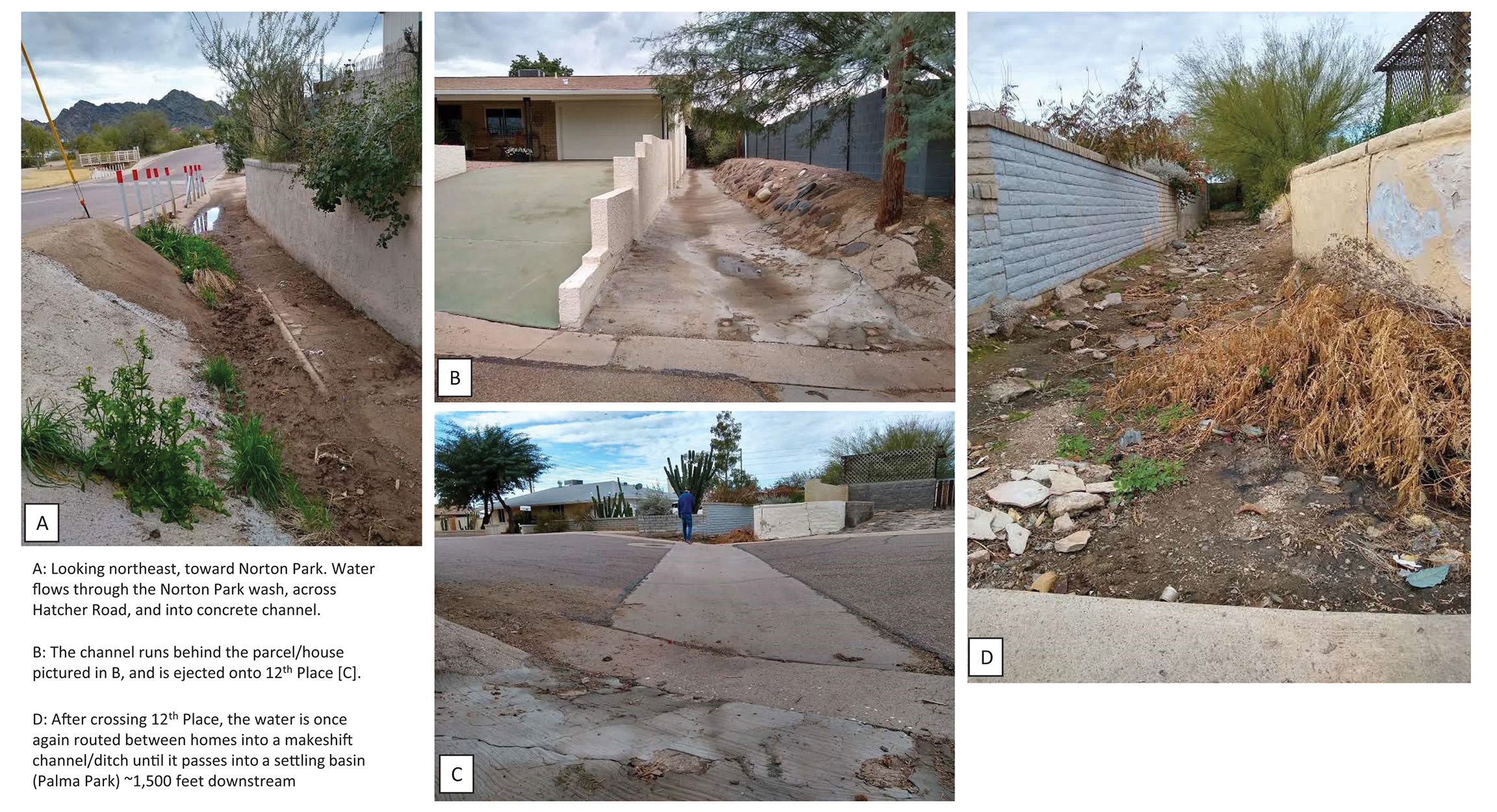 series of photos that track the flow of stormwater through several unofficial stormwater channels in Phoenix, AZ.