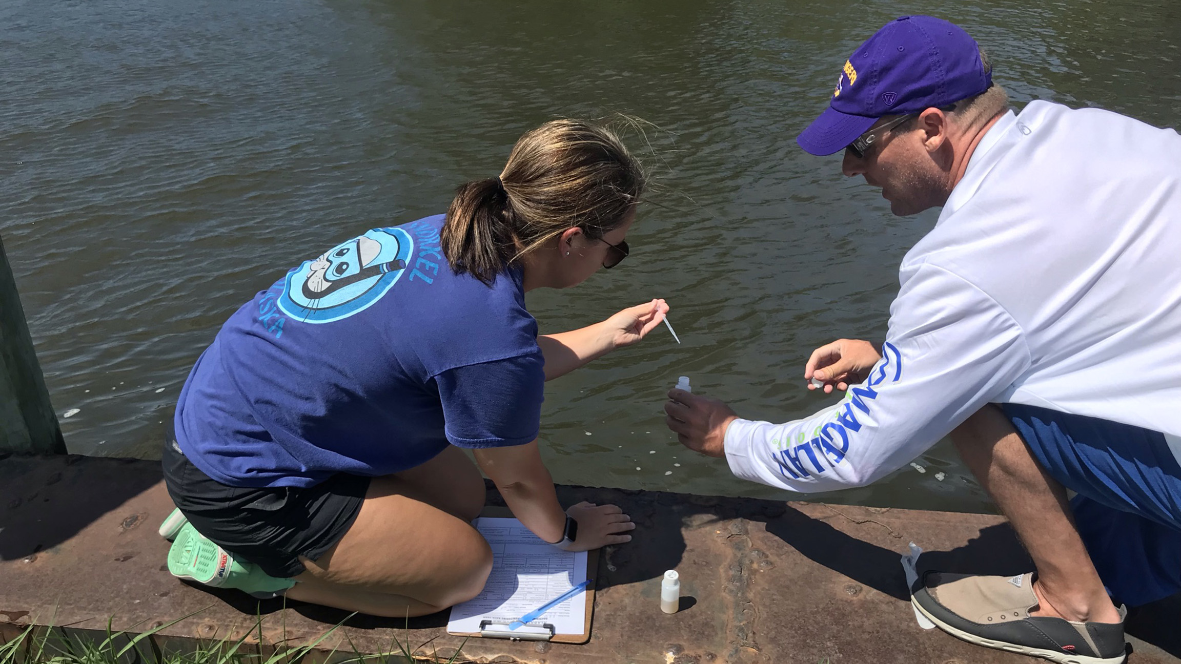Educators collect a water sample from Weeks Bay.